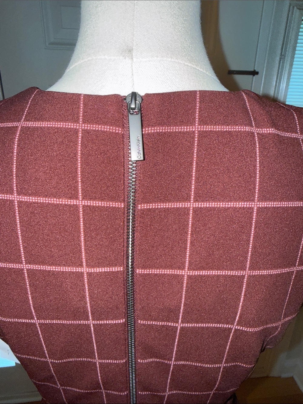 Calvin Klein Burgundy Windowpane Midi Dress with Tie Belt - Picture 7 of 7